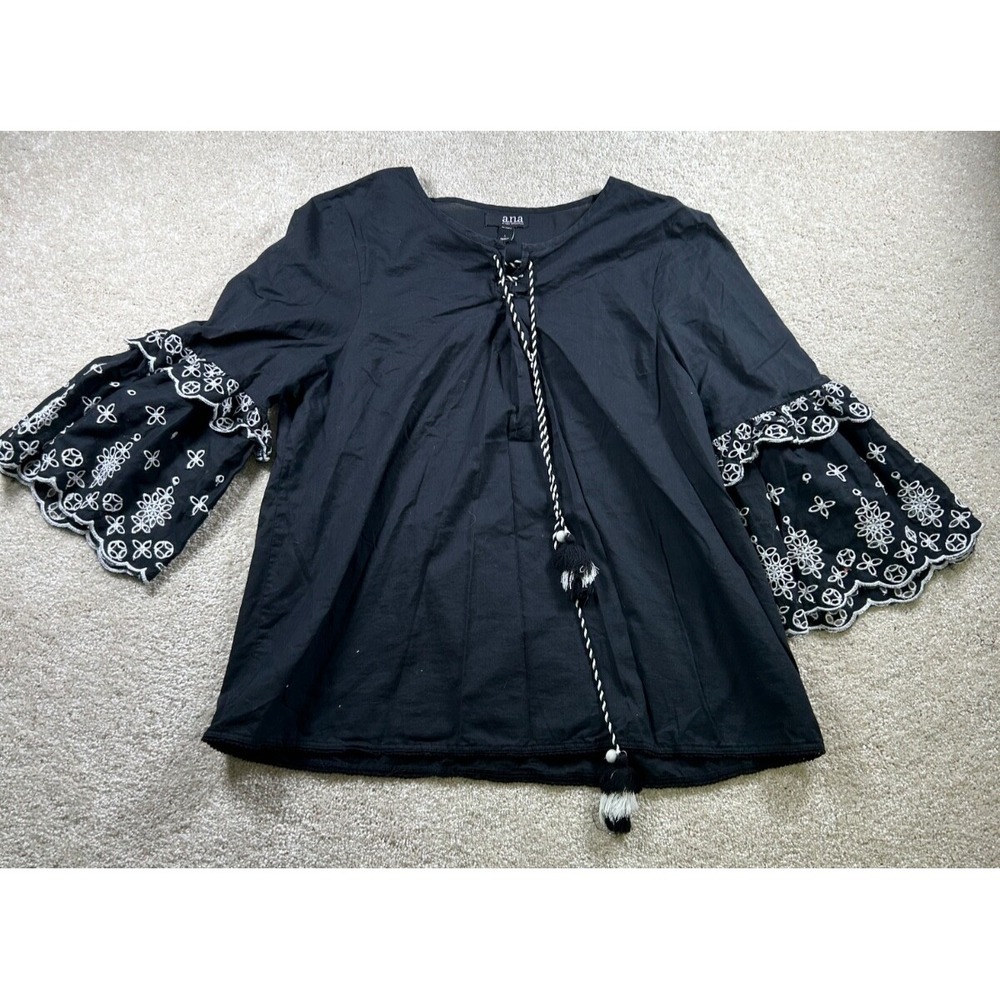 Ana Womens Size L Black Floral Detail Sleeves Boho Peasant Hippie‎